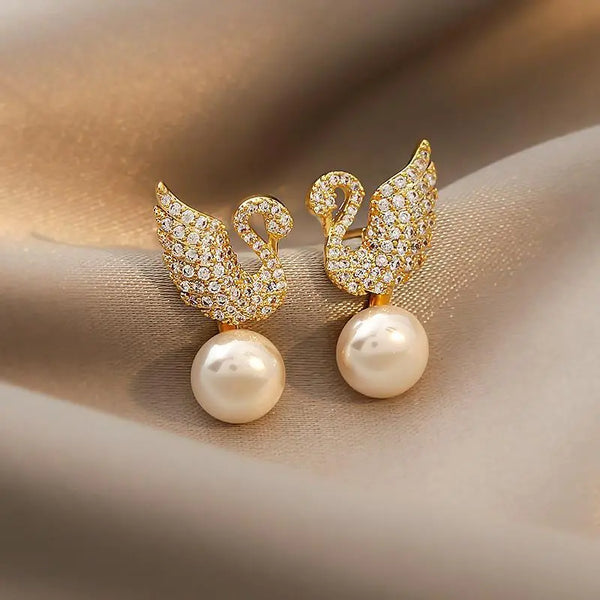 Sterling Silver Swan Zircon Pearl Stud Earrings Swan Stud Earrings 3809 – Posh Atomic