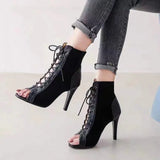 Stiletto Heel Lace-up Peep Toe Sandals Cloth Cover Black 9 – Posh Atomic
