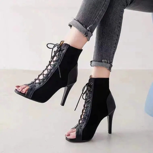 Stiletto Heel Lace-up Peep Toe Sandals Cloth Cover Black 9 – Posh Atomic