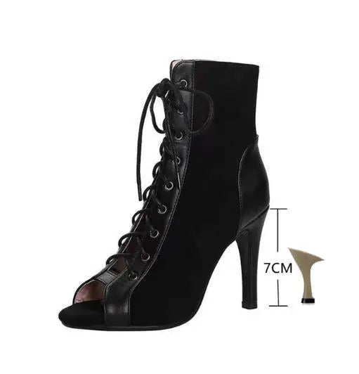Stiletto Heel Lace-up Peep Toe Sandals Cloth Cover Black 9 – Posh Atomic