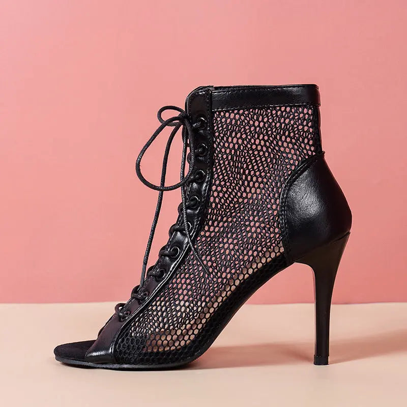 Stiletto Heel Lace-up Peep Toe Sandals Cloth Cover Black 9 – Posh Atomic