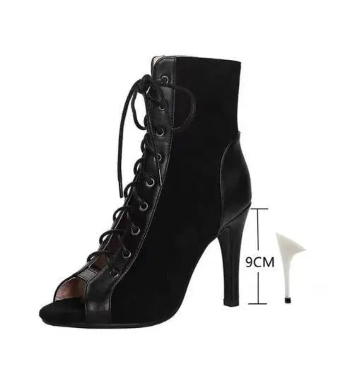 Stiletto Heel Lace-up Peep Toe Sandals Cloth Cover Black 9 – Posh Atomic