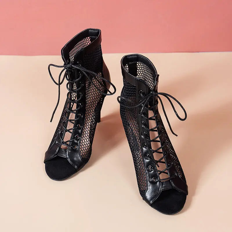 Stiletto Heel Lace-up Peep Toe Sandals Cloth Cover Black 7cm – Posh Atomic