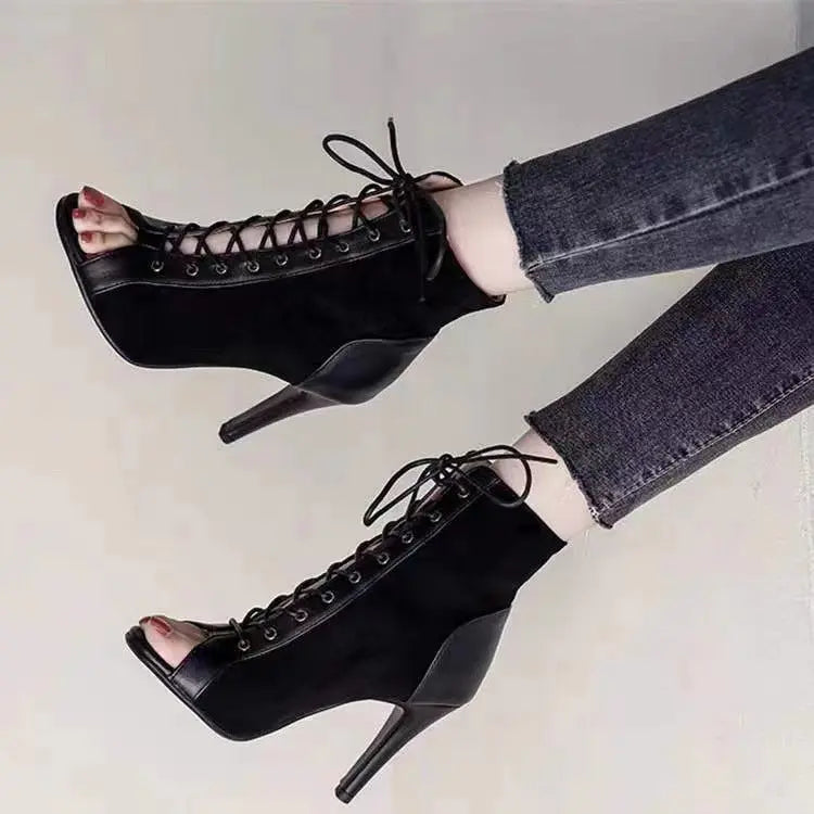 Stiletto Heel Lace-up Peep Toe Sandals Cloth Cover Black 9 – Posh Atomic