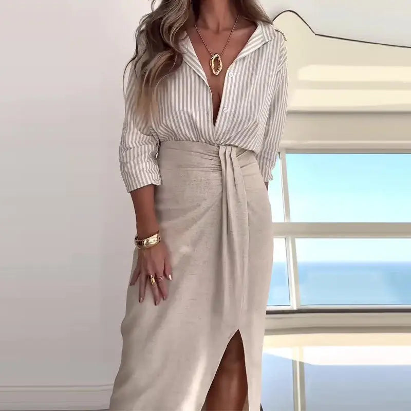 Striped Shirt High Waist Half Split Skirt Suit White M – Posh Atomic