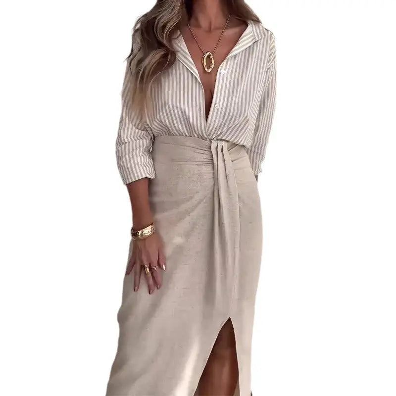 Striped Shirt High Waist Half Split Skirt Suit White XL – Posh Atomic