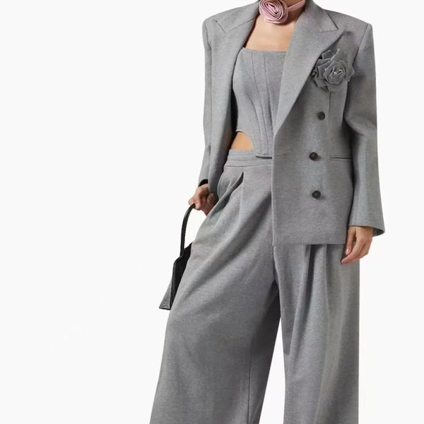 Suit with Vest and Pleated Wide Leg Trousers Gray Coat S – Posh Atomic