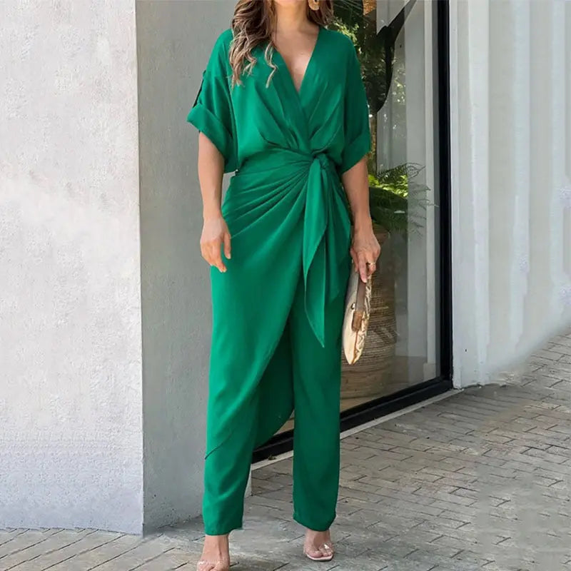 Tied V-neck Long Sleeve Leisure Suit Green S – Posh Atomic