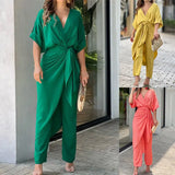 Tied V-neck Long Sleeve Leisure Suit Green XL – Posh Atomic