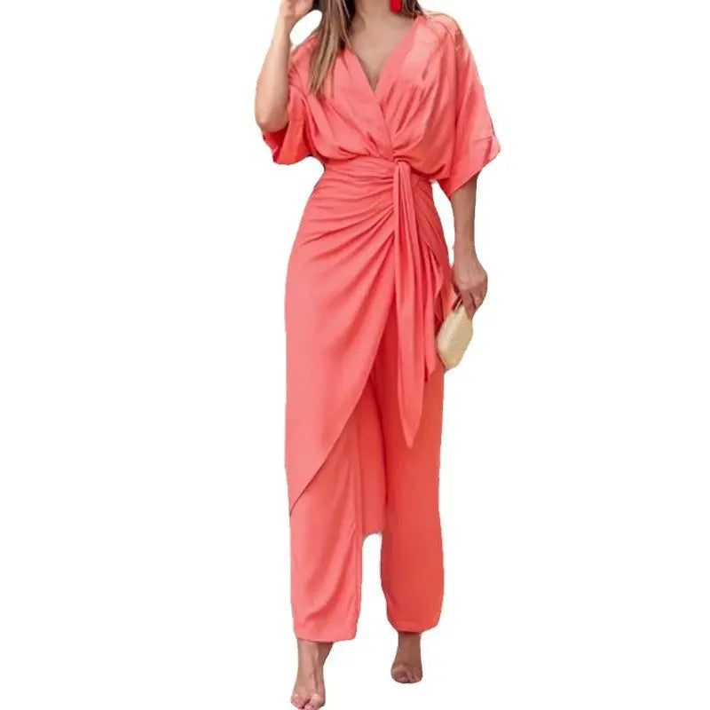 Tied V-neck Long Sleeve Leisure Suit Red 2XL – Posh Atomic
