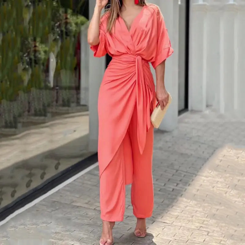 Tied V-neck Long Sleeve Leisure Suit Red XL – Posh Atomic