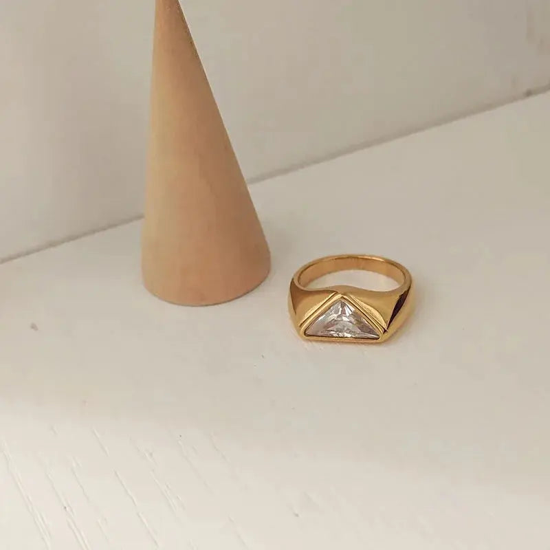 Triangle Zircon Ring Titanium Steel Plated 18K Gold – Posh Atomic