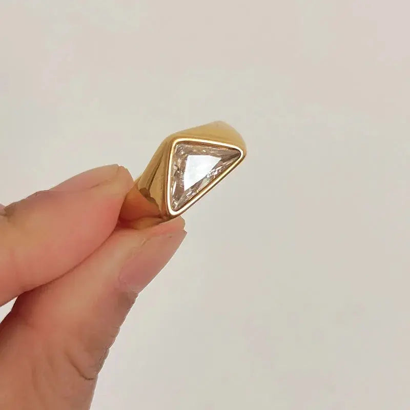 Triangle Zircon Ring Titanium Steel Plated 18K Gold Gold US8 – Posh Atomic
