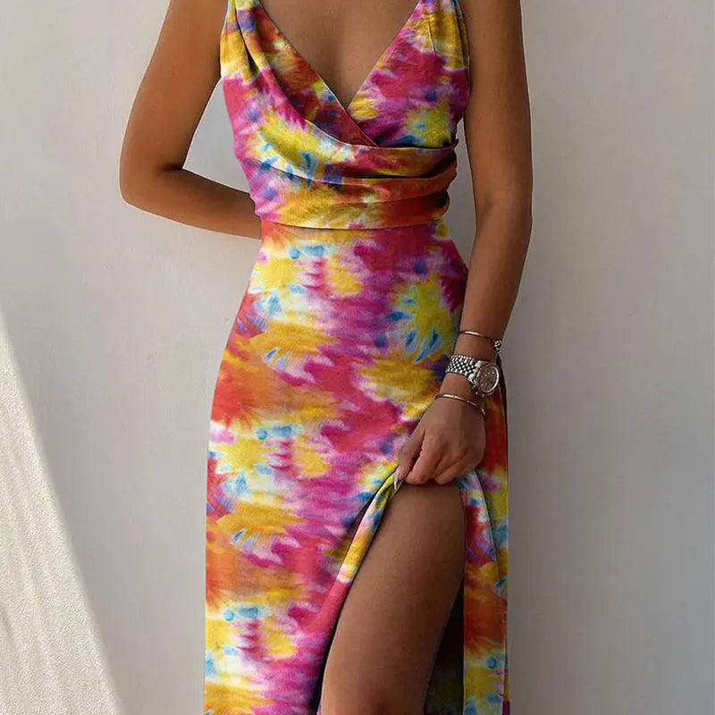 V-neck Slip Dress Low Cut Printed Slit Dress Orange 3XL – Posh Atomic