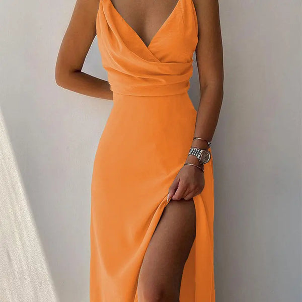 V-neck Slip Dress Low Cut Printed Slit Dress Orange M – Posh Atomic