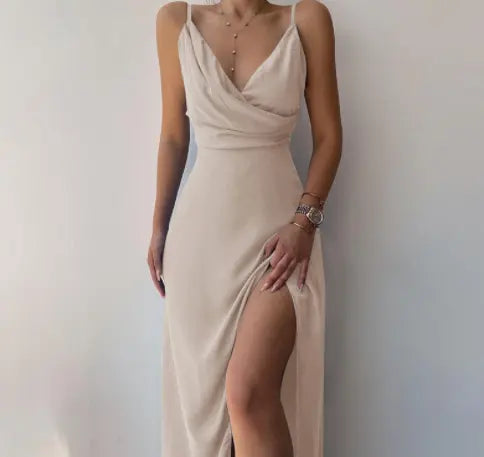 V-neck Slip Dress Low Cut Printed Slit Dress Green L – Posh Atomic