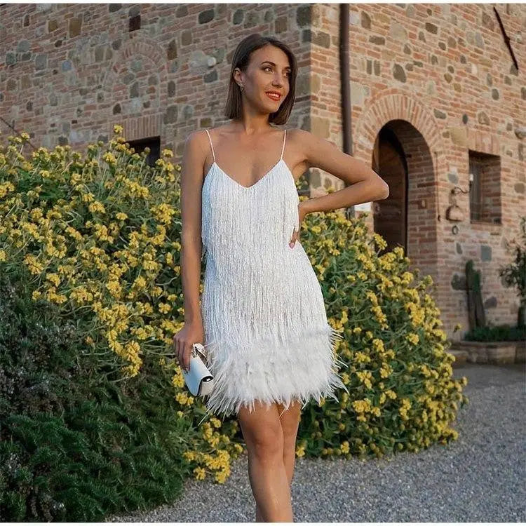 V-neck Strap Feather Stitching Dress White XL – Posh Atomic