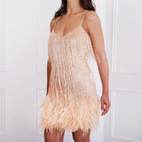 V-neck Strap Feather Stitching Dress Beige S – Posh Atomic