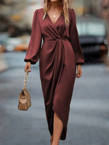 Waist-tight Split V-neck Dress Wine Red M – Posh Atomic