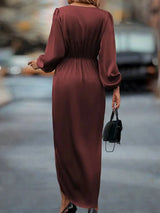 Waist-tight Split V-neck Dress Wine Red L – Posh Atomic
