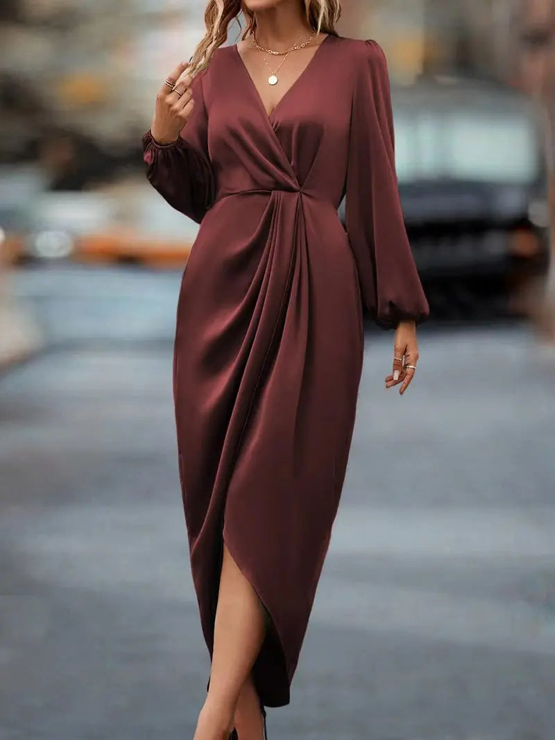 Waist-tight Split V-neck Dress Wine Red XXXL – Posh Atomic