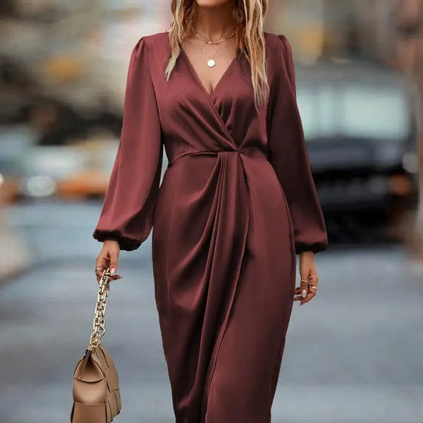 Waist-tight Split V-neck Dress Wine Red S – Posh Atomic