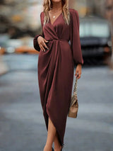 Waist-tight Split V-neck Dress Wine Red XXL – Posh Atomic
