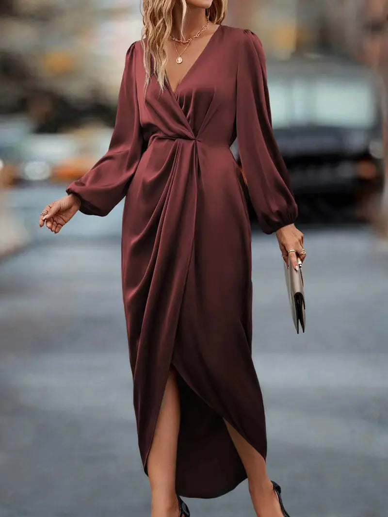Waist-tight Split V-neck Dress Wine Red XL – Posh Atomic