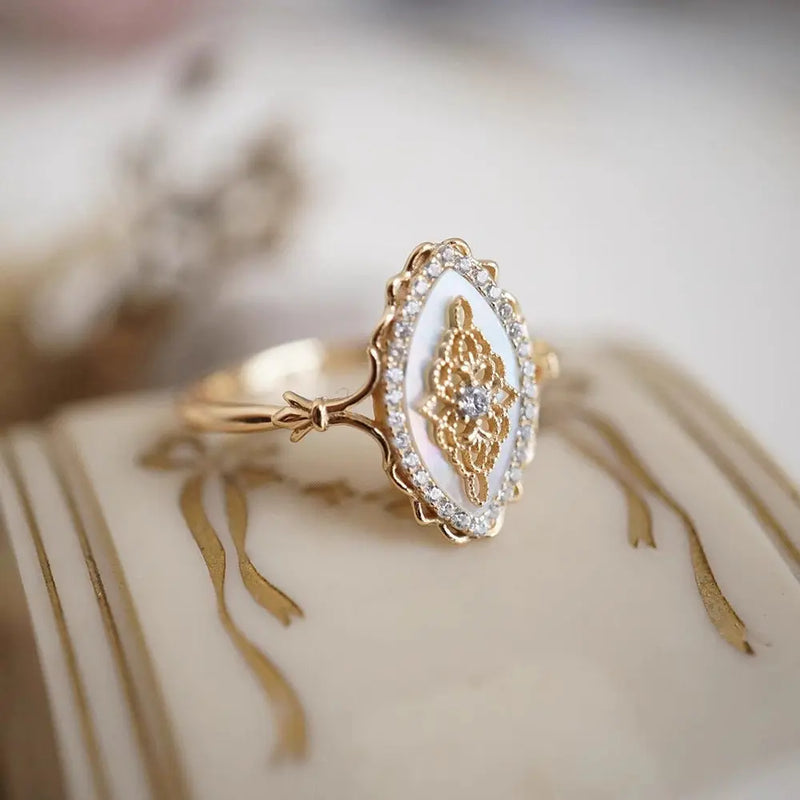 White Shell Hollow Lace Inlaid Zircon S925 Sterling Silver Gold Plated Ring – Posh Atomic