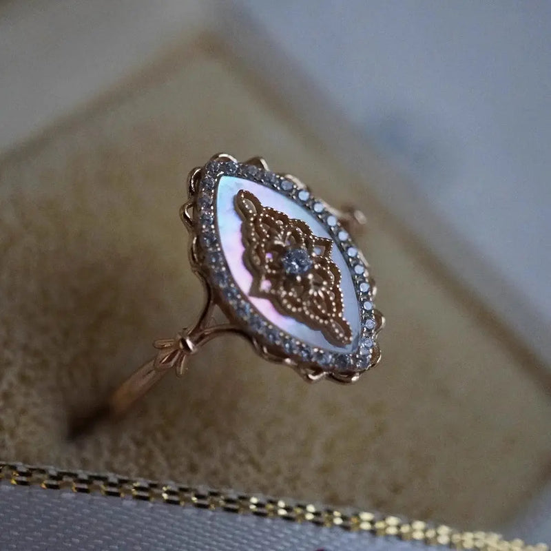 White Shell Hollow Lace Inlaid Zircon S925 Sterling Silver Gold Plated Ring – Posh Atomic