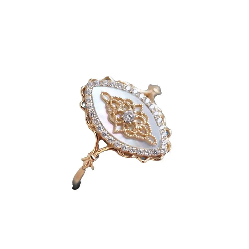 White Shell Hollow Lace Inlaid Zircon S925 Sterling Silver Gold Plated Ring – Posh Atomic