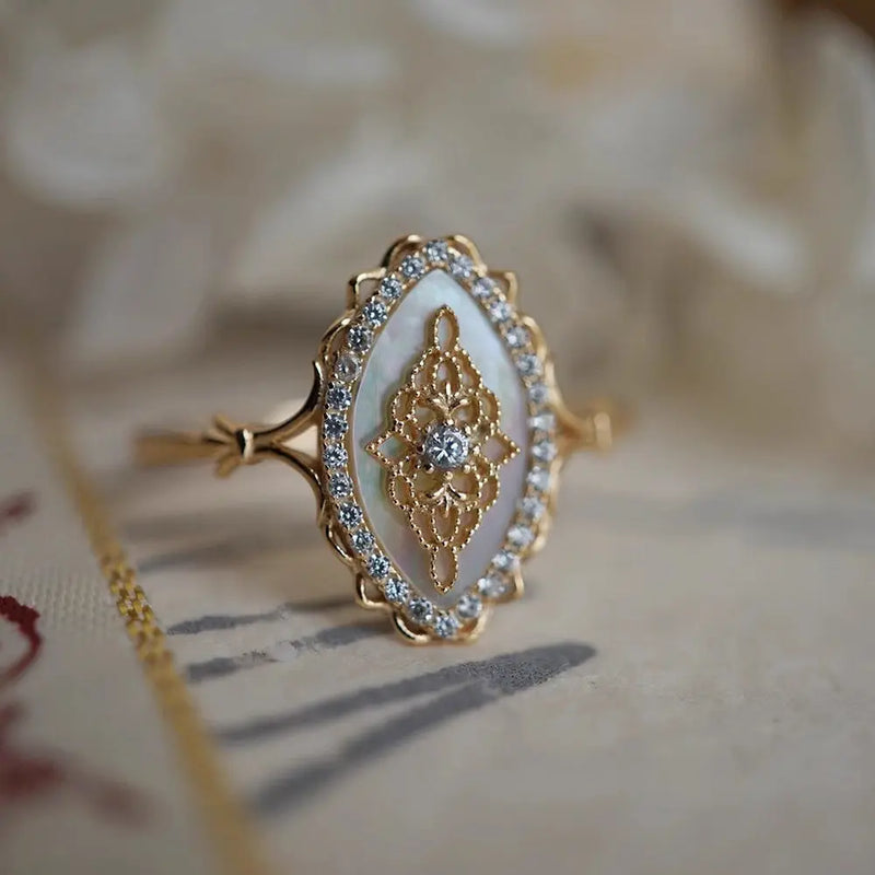 White Shell Hollow Lace Inlaid Zircon S925 Sterling Silver Gold Plated Ring – Posh Atomic