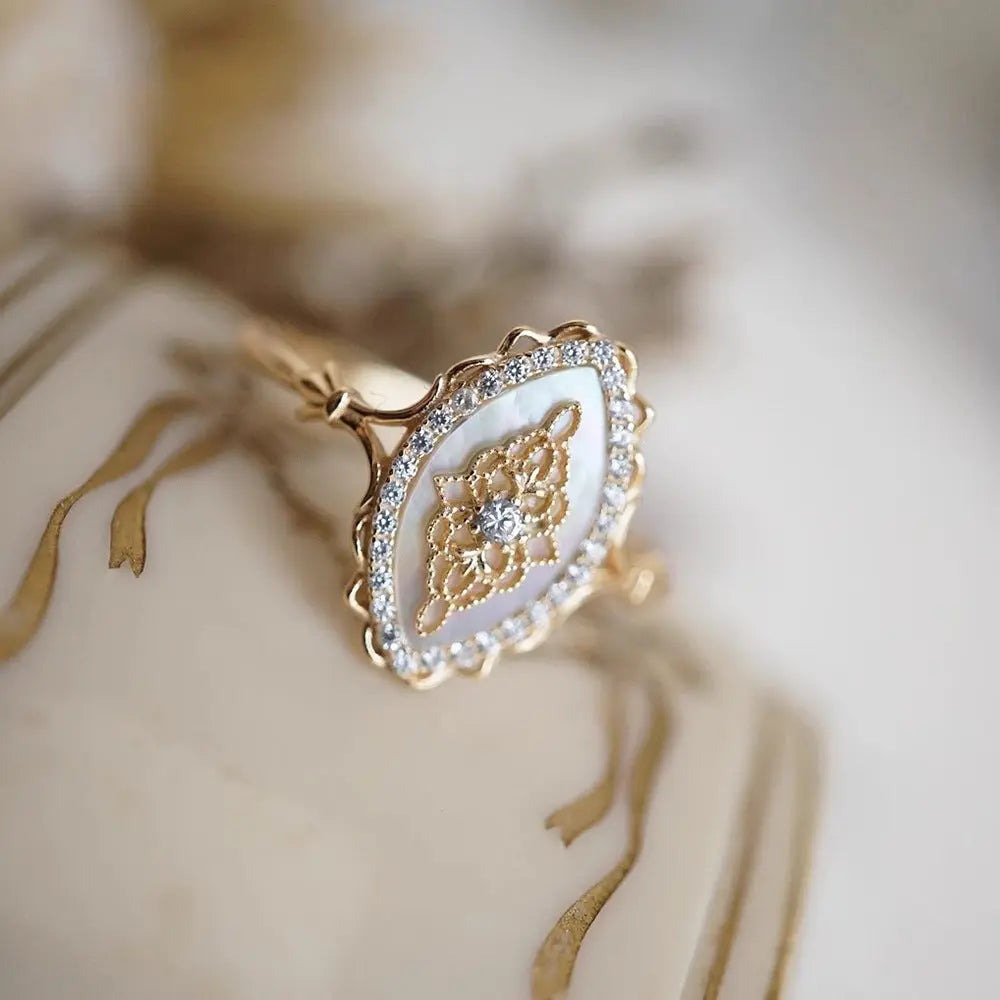 White Shell Hollow Lace Inlaid Zircon S925 Sterling Silver Gold Plated Ring – Posh Atomic