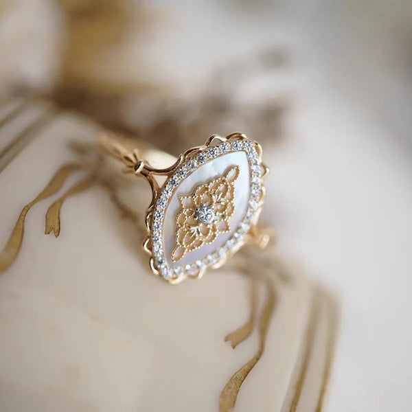 White Shell Hollow Lace Inlaid Zircon S925 Sterling Silver Gold Plated Ring Yellow Gold Open Ring Opening Adjustable – Posh Atomic