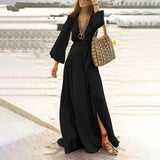Women Bohemian Style Flare Sleeve Split Expansion Skirt Dress Black M – Posh Atomic