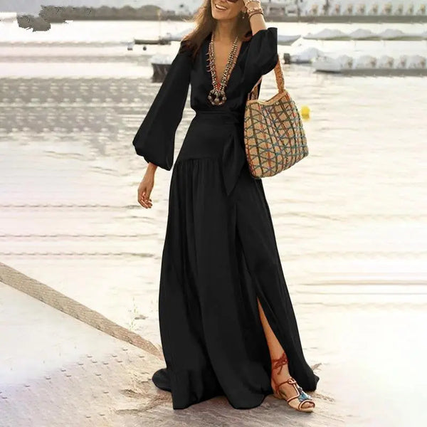 Women Bohemian Style Flare Sleeve Split Expansion Skirt Dress Black M – Posh Atomic