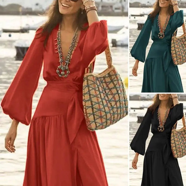 Women Bohemian Style Flare Sleeve Split Expansion Skirt Dress Black L – Posh Atomic