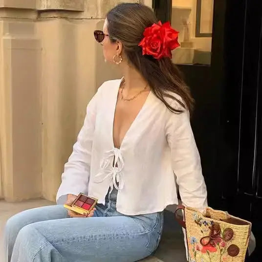 Women's Deep V Bell Sleeve Tied Top Pink M – Posh Atomic