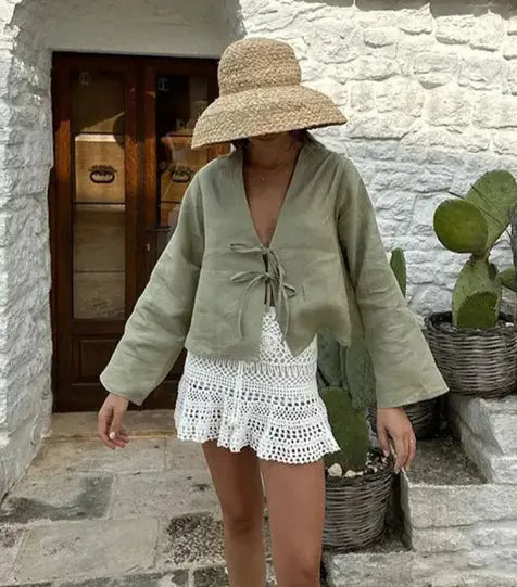 Women's Deep V Bell Sleeve Tied Top – Posh Atomic