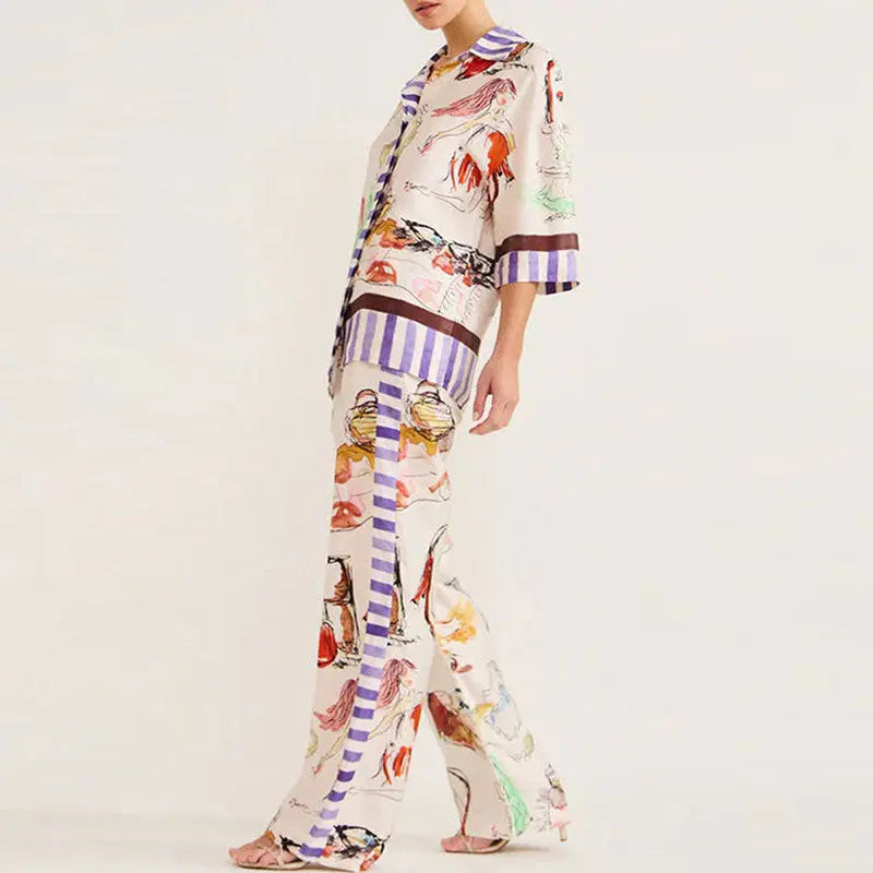 Women's Fashion Loose Casual Cardigan Printed Pajamas Two-piece Set White With Printed Pattern XL – Posh Atomic