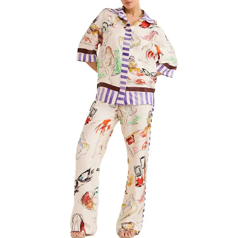 Women's Fashion Loose Casual Cardigan Printed Pajamas Two-piece Set White With Printed Pattern 2XL – Posh Atomic