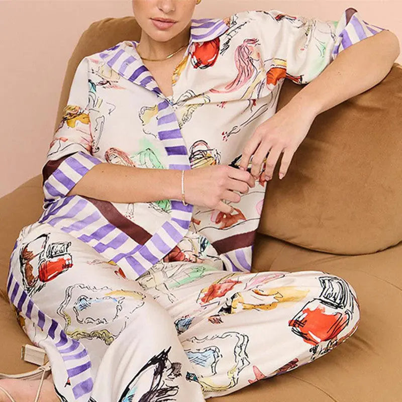 Women's Fashion Loose Casual Cardigan Printed Pajamas Two-piece Set White With Printed Pattern L – Posh Atomic