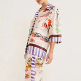 Women's Fashion Loose Casual Cardigan Printed Pajamas Two-piece Set White With Printed Pattern M – Posh Atomic
