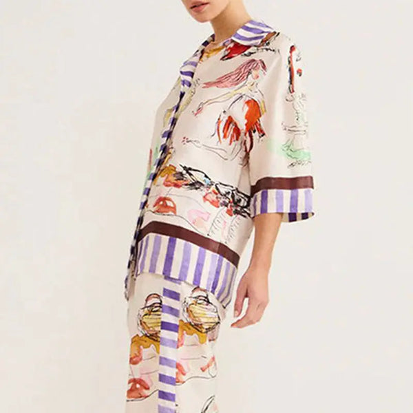 Women's Fashion Loose Casual Cardigan Printed Pajamas Two-piece Set White With Printed Pattern M – Posh Atomic