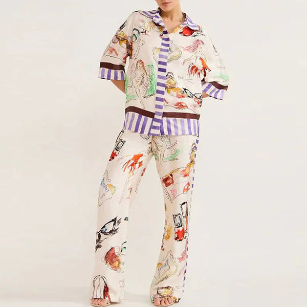 Women's Fashion Loose Casual Cardigan Printed Pajamas Two-piece Set White With Printed Pattern S – Posh Atomic