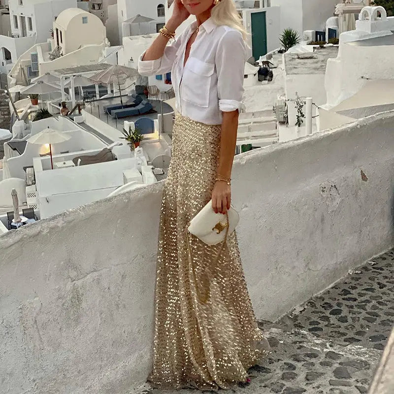 Women's Sequin Long Skirt Sequin Skirt Gold L – Posh Atomic