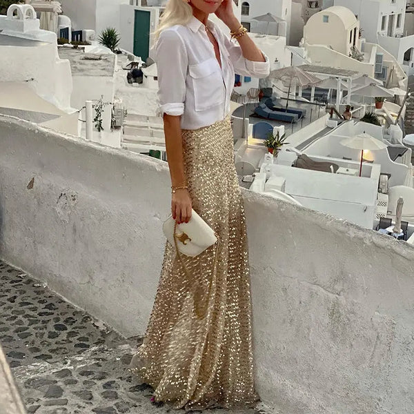 Women's Sequin Long Skirt Sequin Skirt Gold S – Posh Atomic