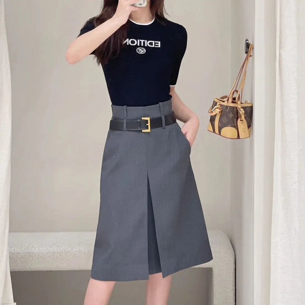 Women's Skirt Gray Pleated A- Line Skirt Gray Belt M – Posh Atomic