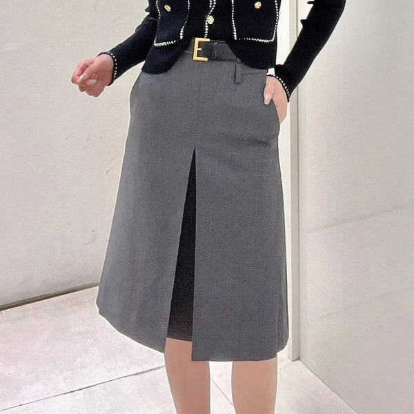 Women's Skirt Gray Pleated A- Line Skirt Gray Belt S – Posh Atomic
