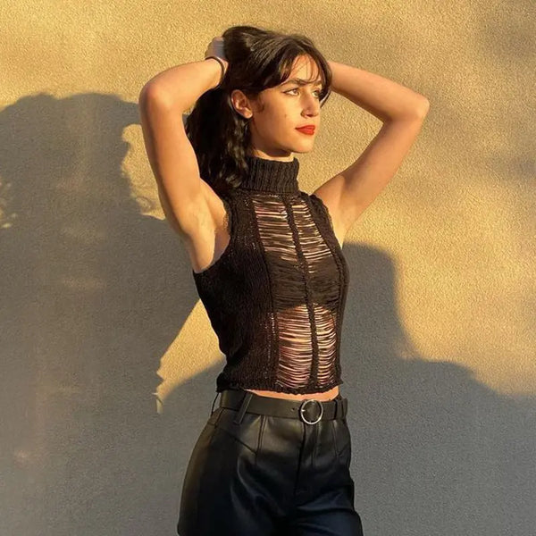 Women's Turtleneck Hollow-out Slim-fit Vest Black S – Posh Atomic